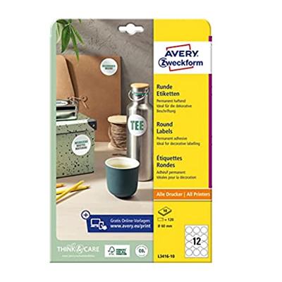 Avery Zweckform ronde etiketten, diameter 60 mm, wit, permanent klevend, 120 etiketten, 10 vellen Avery Zweckform ronde etiketten, diameter 60 mm, wit, permanent klevend, 120 etiketten, 10 vellen