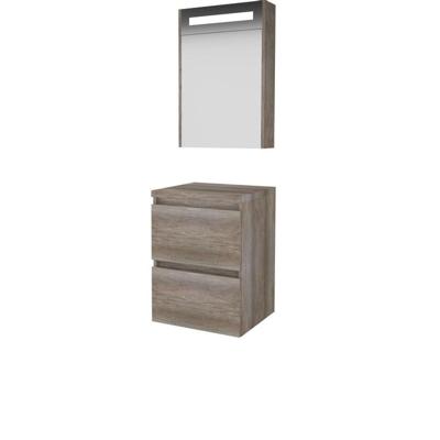 Basic-Line Premium 46 Badkamermeubelset - 50 x 46 cm - Greeploos - 2 Lades - Wastafelblad - Spiegelkast met LED Verlichting - Scotch Oak
