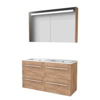 Basic-Line Premium 46 Badkamermeubelset - 120 x 46 cm - Met Grepen - 4 Lades - Keramische Wastafel - 2 Kraangaten - Spiegelkast met LED Verlichting - Whisky Oak - thumbnail