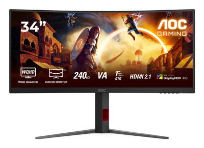 AOC Gaming CU34G4Z - 34 inch WQHD Curved Monitor, 240 Hz, FreeSync Prem., HDR400 (3440 x 1440, 1ms GtG, 2x HDMI 2.1, 1x DisplayPort 1.4, USB-hub) zwart-rood