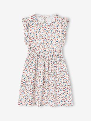 Meisjesjurk van seersuckerstof met ruches vanille