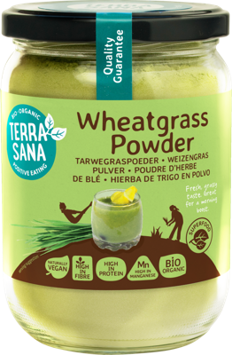 Raw tarwegras poeder in glas bio 130 Gram
