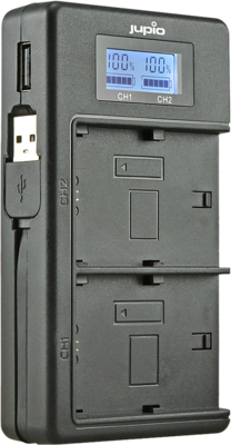 Jupio USB Duo Oplader met LCD voor Sony NP-FM50, NP-QM71, NP-QM91 - Met Powerbank functie