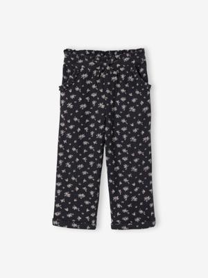 Driekwartsbroek voor meisjes met bloemenprint in katoengaas antraciet Driekwartsbroek voor meisjes met bloemenprint in katoengaas antraciet