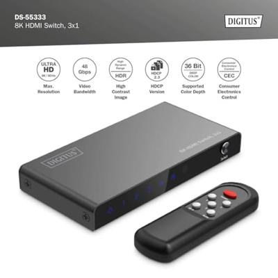 Digitus DS-55333 HDMI-switch 3 + 1 poorten LED-weergave, Met afstandsbediening, Ultra HD-geschikt, Met metalen behuizing, Individueel schakelbaar, Met Digitus DS-55333 HDMI-switch 3 + 1 poorten LED-weergave, Met afstandsbediening, Ultra HD-geschikt, Met metalen behuizing, Individueel schakelbaar, Met