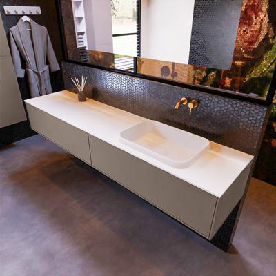 Badkamermeubelset Mondiaz Erin 200 cm met 2 Lades met RIDGE Wastafel Rechts Talc Zonder Kraangaten Greeploos Mat Smoke