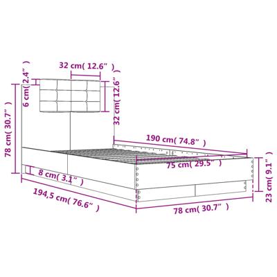 Bedframe met hoofdbord bewerkt hout grijs sonoma 75x190 cm