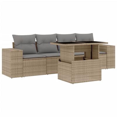 5-delige Loungeset met kussens poly rattan beige