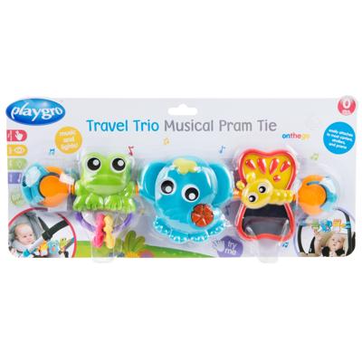 Playgro Travel Trio Musical Pram Tie hangend babyspeelgoed Playgro Travel Trio Musical Pram Tie hangend babyspeelgoed