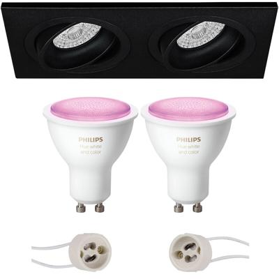 GU10 Inbouwspot Set - Mat Zwart - Inbouw Rechthoek Dubbel - Kantelbaar - Philips Hue - White and Color Ambiance - Bluetooth - Pragmi Borny Pro - 175x92mm