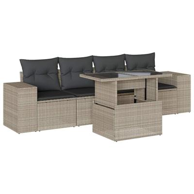 5-delige Loungeset met kussens poly rattan lichtgrijs