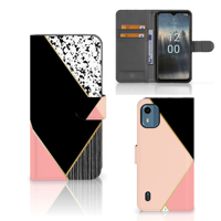 Nokia C12 | Book Case | Zwart Roze Vormen - thumbnail