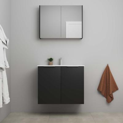 On-Line Badkamermeubelset - 80 cm - Bouwpakket - 2 Deuren met Greep - Porseleinen Wastafel - 1 Kraangat - Spiegelkast - Mat Zwart