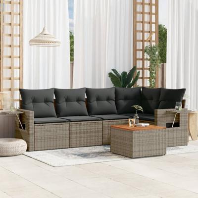 6-delige Loungeset met kussens poly rattan grijs