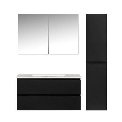 Badkamermeubel Set Callisto Diamond Hangend 100x50x48cm Mat Zwart MDF Softclose Greeploos Mineraalmarmer Wastafel Zonder Kraangat Overloop met Spiegelkast en Badkamerkast