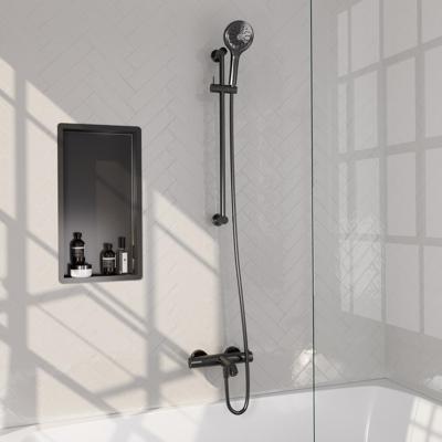 Gunmetal Carving opbouw baddouche thermostaatkraan SET 02 met glijstang en 3-standen handdouche en doucheslang - gunmetal geborsteld PVD