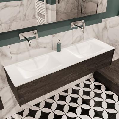 Mondiaz Lush Cloud badmeubel eiken Dark brown 150 cm 1 lade solid surface dubbele spoelbak zonder kraangat