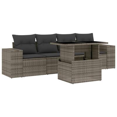 5-delige Loungeset met kussens poly rattan grijs