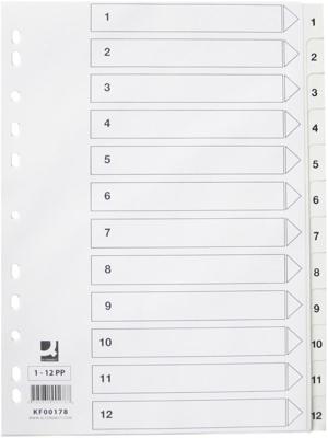 Q-CONNECT tabbladen, A4, PP, 11-gaatsperforatie, met indexblad, set van 1-12, wit