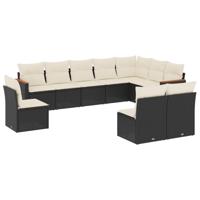 10-delige Loungeset met kussens poly rattan zwart - thumbnail