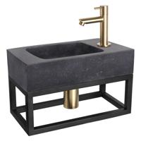 Fonteinset Differnz Bombai Natuursteen en Handoekrek 40x22x9 cm Zwart Met Rechte Kraan Mat Goud - thumbnail