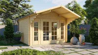 Blokhut Sören 380x380 cm + luifel 150 cm - Red class wood geïmpregneerd- Zadeldak- Geïmpregneerd vurenhout- Tuindeco