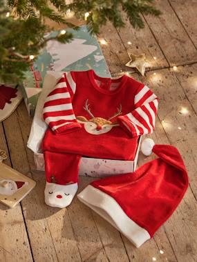 Kerstcadeauset voor baby met fluwelen pyjamapakje + mutsje baksteenrood
