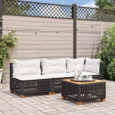 Tuinhoekbank met kussens poly rattan zwart - thumbnail