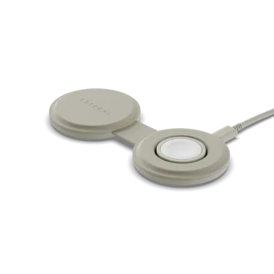 SATECHI OnTheGo 2-in-1 Qi2 Reislader met 15W snelladen voor iPhone en 5W voor Apple Watch, Draadloze magnetische MagSafe oplader – Zand