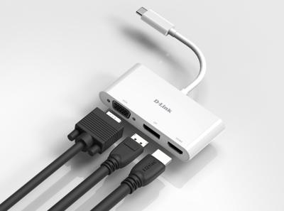 D-Link DUB-V310 3-in-1 USB-C Hub (docking station, ondersteunt Windows, Mac OS X, Linux, HDMI/DisplayPort/VGA), 3-in-1 (HDMI/DisplayPort/VGA), Wit