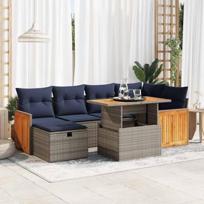 7-delige Loungeset met kussens poly rattan acacia zwart