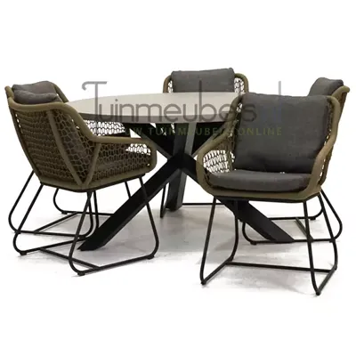 Tuinstoel Portofino olijf groen 5 stoelen met meran tafel 135 cm rond