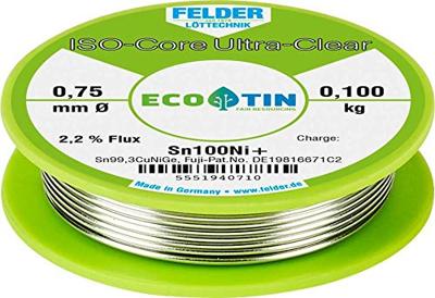 Felder ISO-Core Ultra-Clear Sn100Ni+ Soldeertin, loodvrij Spoel Sn99,25Cu0,7Ni0,05 0.100 kg 0.75 mm Felder ISO-Core Ultra-Clear Sn100Ni+ Soldeertin, loodvrij Spoel Sn99,25Cu0,7Ni0,05 0.100 kg 0.75 mm