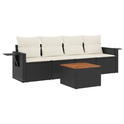 5-delige Loungeset met kussens poly rattan zwart