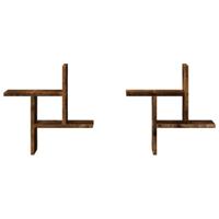 Wandschappen 2 st 38x12x38 cm bewerkt hout gerookt eikenkleurig - thumbnail