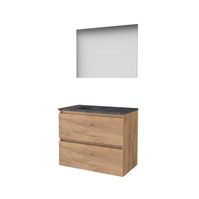 Basic-Line Ultimate 46 Badkamermeubelset - 80 x 46 cm - Greeploos - 2 Lades - Hardstenen Wastafel - Zonder Kraangat - Spiegel met Indirecte LED Verlichting - Whisky Oak