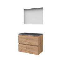 Basic-Line Ultimate 46 Badkamermeubelset - 80 x 46 cm - Greeploos - 2 Lades - Hardstenen Wastafel - Zonder Kraangat - Spiegel met Indirecte LED Verlichting - Whisky Oak - thumbnail
