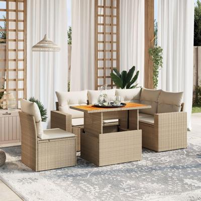 6-delige Loungeset met kussens poly rattan beige