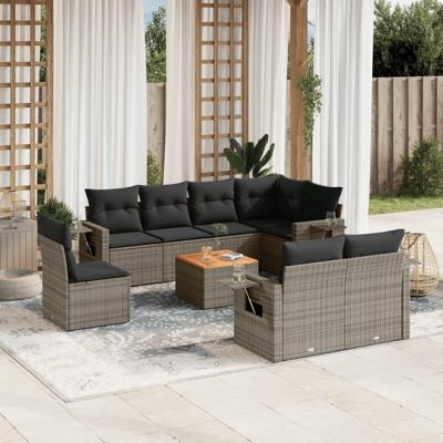 9-delige Loungeset met kussens poly rattan grijs