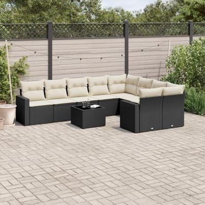 10-delige Loungeset met kussens poly rattan zwart - thumbnail