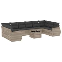 10-delige Loungeset met kussens poly rattan lichtgrijs - thumbnail