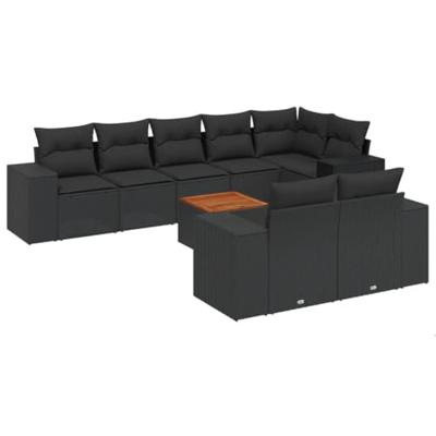 9-delige Loungeset met kussens poly rattan zwart