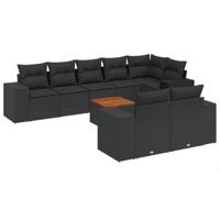 9-delige Loungeset met kussens poly rattan zwart - thumbnail