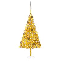 VidaXL Kunstkerstboom met verlichting en kerstballen 180 cm pet goud - thumbnail