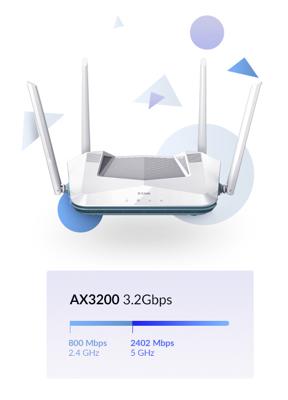 D-Link R32 EAGLE PRO AI AX3200 Smart Router met AI Wi-Fi/Traffic Optimizer, DFS, AI ouderlijk toezicht, Gigabit-poorten, MU-MIMO, 1024 QAM, OFDMA, WPA3, Mesh-ready. Werkt met Alexa/Google Assistant