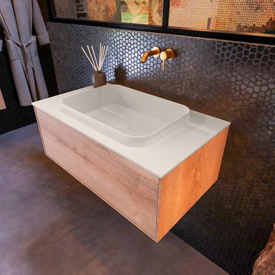 Badkamermeubelset Mondiaz Erin 80 cm met 1 Lade met RIDGE Wastafel Midden Linen Zonder Kraangaten Greeploos Mat Washed Oak