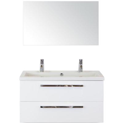 Seville Badmeubelset 100 cm - Wit Hoogglans - Wastafel Djazz 2 Kraangaten met Spiegel