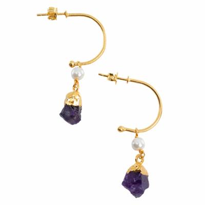 Edelsteen Oorhangers Parel en Amethist 925 Zilver Goudkleurig (45 mm) Edelsteen Oorhangers Parel en Amethist 925 Zilver Goudkleurig (45 mm)