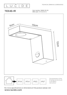 Lucide TEXAS-IR - Wandspot / Wandlamp Binnen/Buiten - LED - 1x7W 3000K - IP54 - Beweging & dag/nacht sensor (uitschakelbaar) - Antraciet