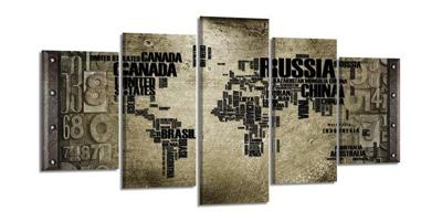 Schilderij - Wereldkaart Landnamen, Grijs, 200X100cm, 5luik